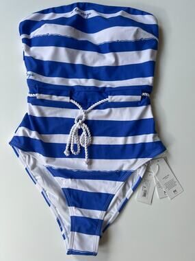 Milly A La Plage Belted One Piece Swimsuit Blue White Size M New
